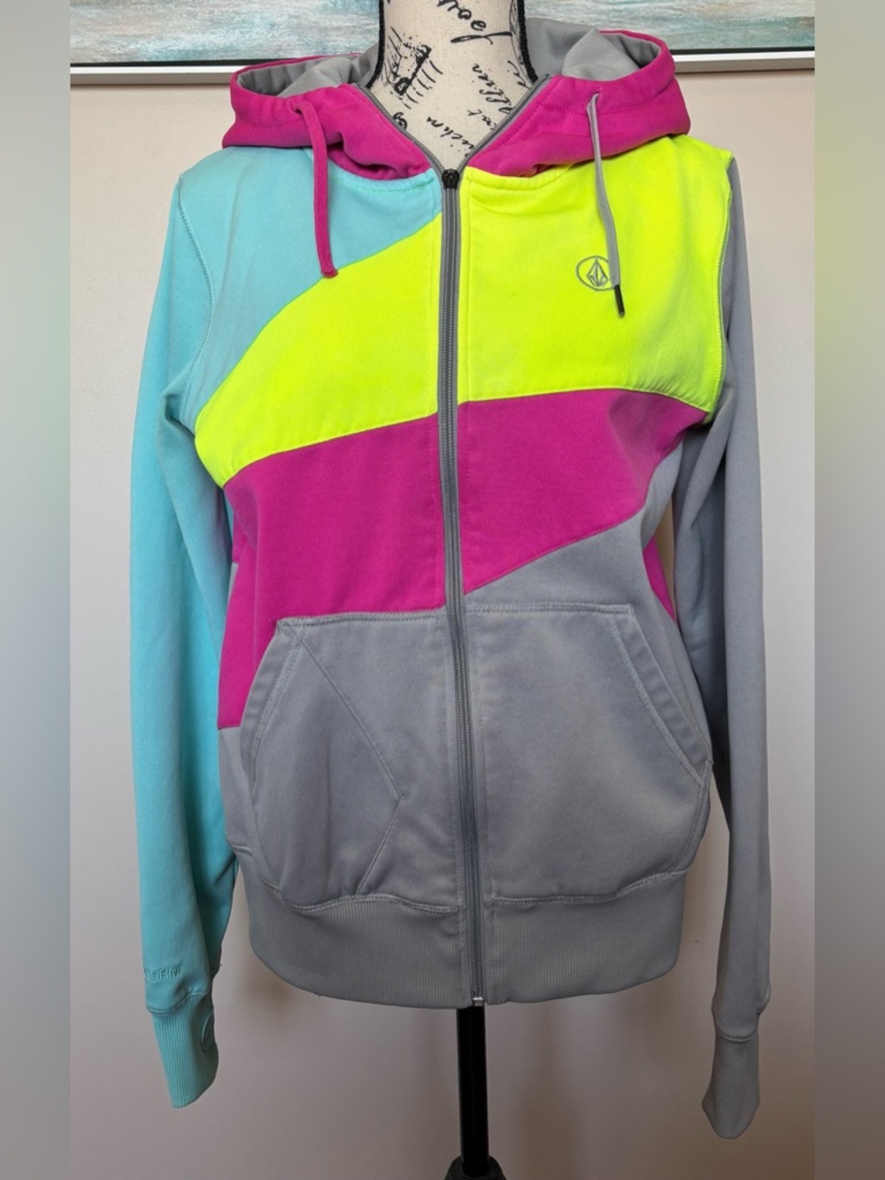 Volcom Colorblock Zip Hoodie in Pink, Aqua & Neon Yellow Sz Lg